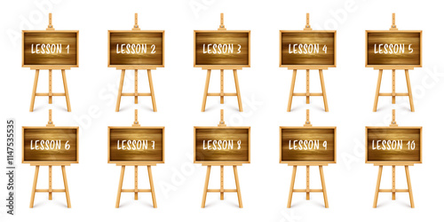 Wooden chalkboard on easel. Blackboard in wooden frame on a tripod. Presentation board with text, writing or drawing surface. Online studying, learning mockup. Vector illustration