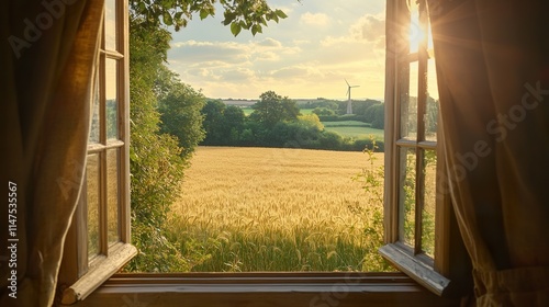 Sunlit rural landscape viewed from an open window with curtains.