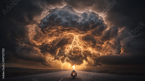 Motorcyclist Facing a Fiery, Apocalyptic Cloudscape: Digital Painting AI Generated photo