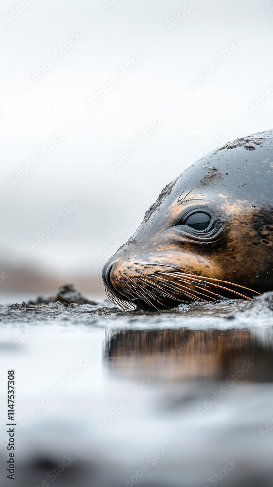 Fototapeta premium Close-up capture of a seal overcoming an oil spill on the pollution coast