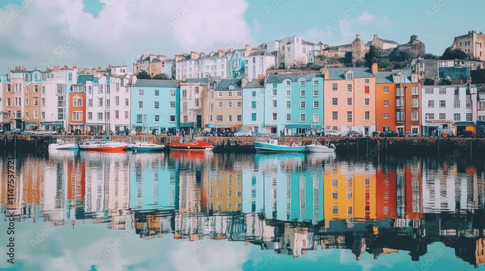 Obraz premium Colorful houses reflected in calm harbor water.