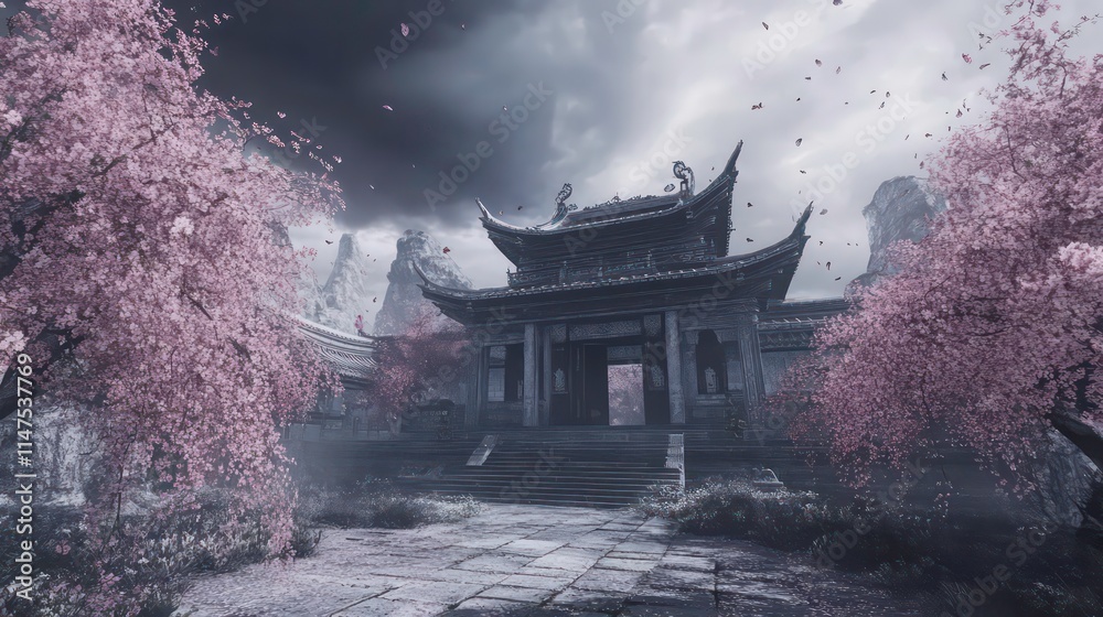 Obraz premium Stormy weather over ancient Asian temple with blossoming trees.