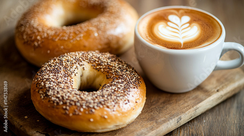 Freshly baked bagels and latte art on a wooden table in a cozy cafe.  photo