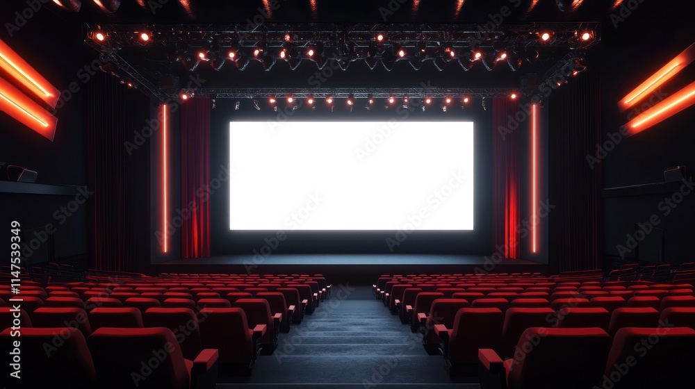 Empty cinema auditorium with a blank screen, ready for a movie. Empty cinema auditorium with a blank screen, ready for a movie.