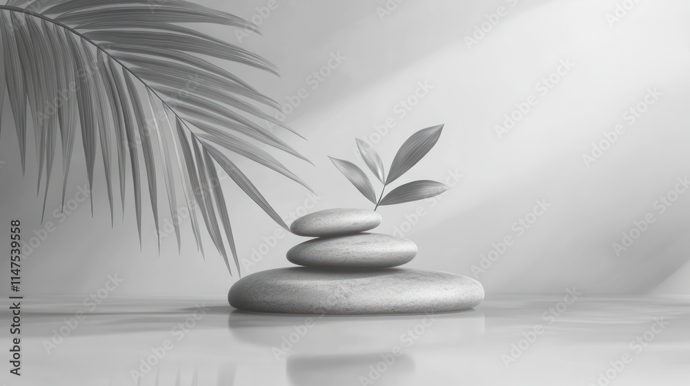 Serene grayscale image of stacked stones, small plant, and palm leaf shadow. Serene grayscale image of stacked stones, small plant, and palm leaf shadow.