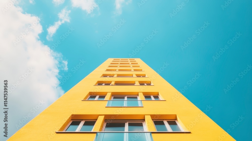 A tall yellow building stretches upward against a vibrant blue sky, showcasing modern architecture and bright colors. A tall yellow building stretches upward against a vibrant blue sky, showcasing modern architecture and bright colors.