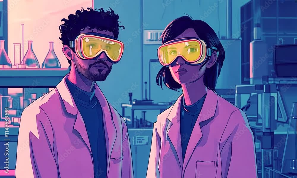 Two scientists in lab coats and goggles, focused on their research in a laboratory setting. Two scientists in lab coats and goggles, focused on their research in a laboratory setting.