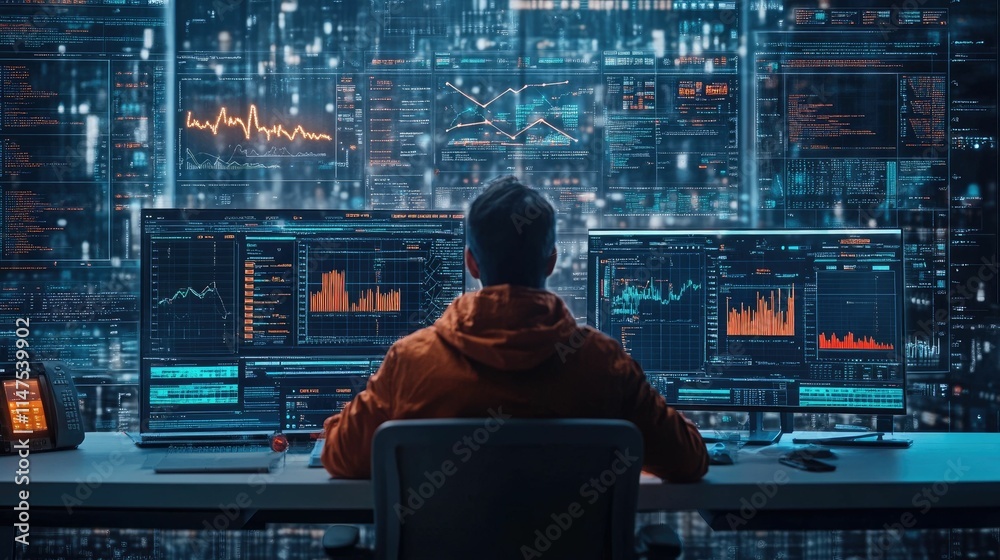 Person viewing data graphs, code on screens. Person viewing data graphs, code on screens.