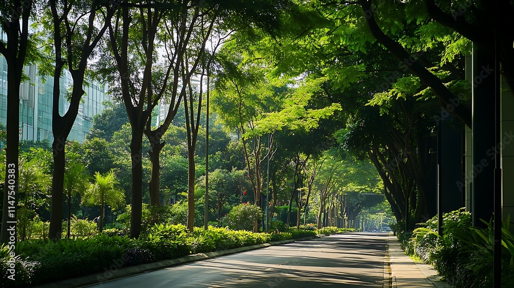 Obraz premium A variety of tree species planted along a city street, with lush green canopies creating a natural atmosphere amidst the concrete jungle 