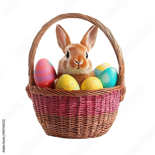 A rabbit sits in a colorful basket filled with decorated Easter eggs, showcasing vivid colors and festive charm.