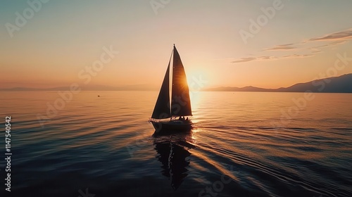 A sailboat silhouetted against the horizon at sunrise, representing freedom and aspirations, anticipation, hope, journey photo