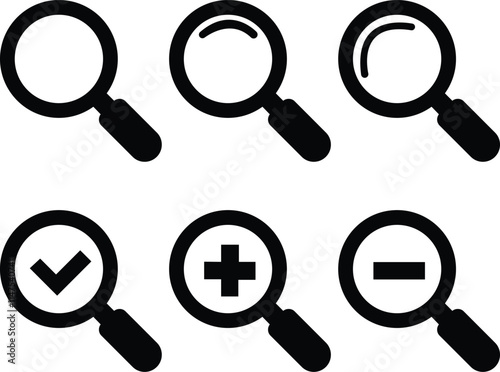 Magnifying Glass simple icon set.Magnifying glass or search icon in simple and stroke style.Search magnifying glass flat icon for apps and websites. Magnifier loupe sign.magnifying glass silhouette sh