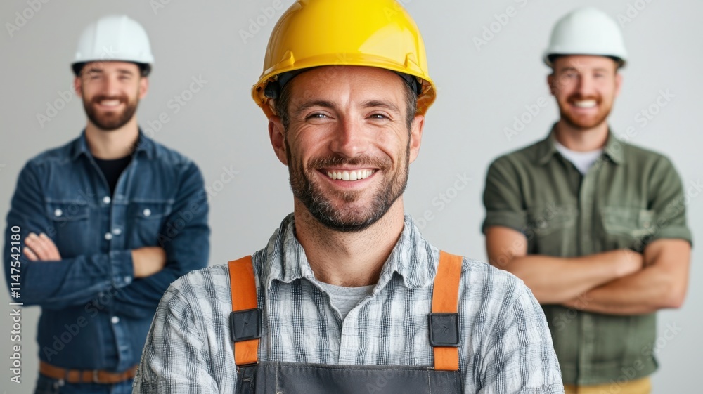 Smiling workers in hard hats showcasing teamwork and professionalism.