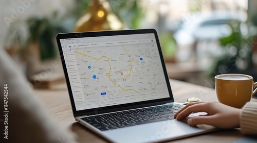 Woman using laptop with map displayed on screen in cafe.