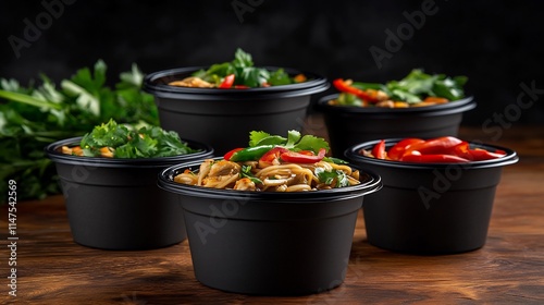 Assortment of Asian Noodles and Vegetables in Black Takeaway Containers on Rustic Wooden Table photo