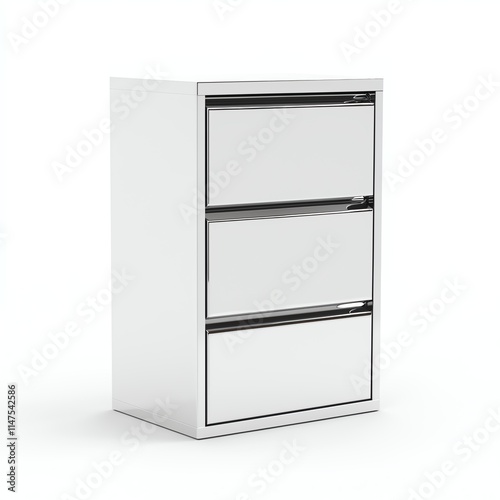 A sleek, modern white filing cabinet with three drawers, designed for efficient storage and organization in office spaces.