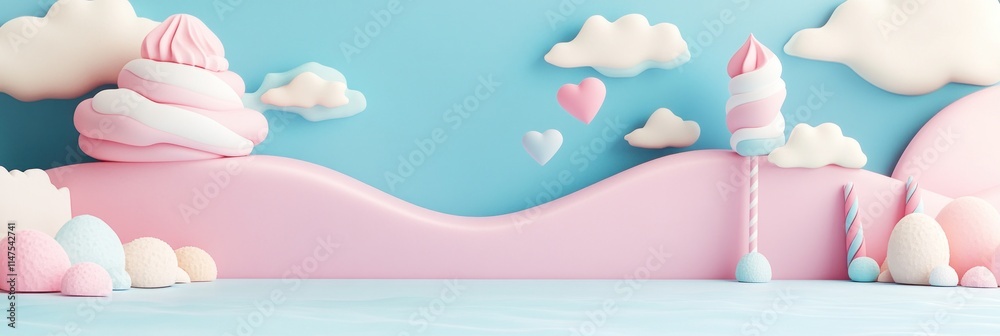 Pastel candy landscape with clouds, hearts, and swirls. Pastel candy landscape with clouds, hearts, and swirls.