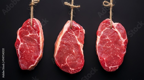 Three cuts of raw meat hanging by twine against a dark background, showcasing marbling and freshness.