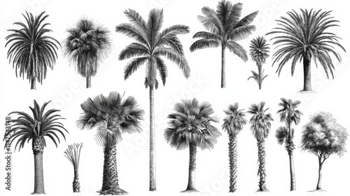 Detailed Vintage Illustrations of Various Palm Tree Species