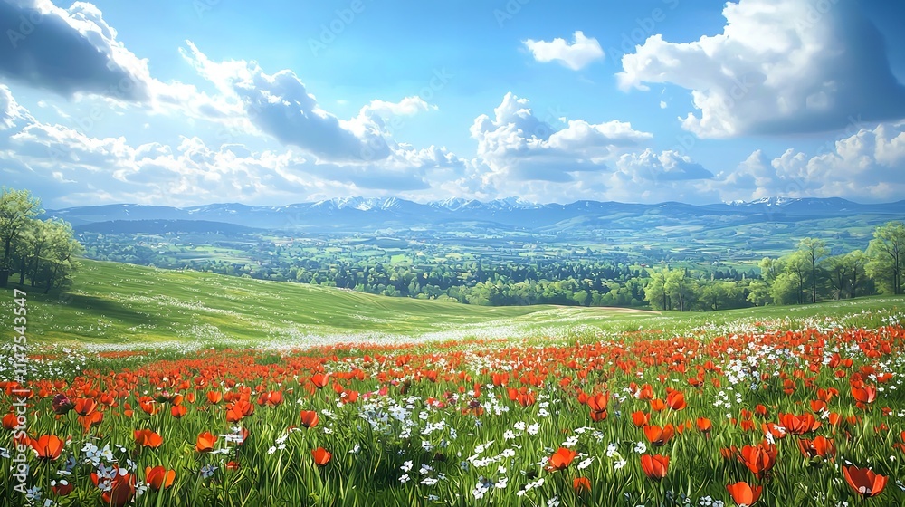 A Vivid Spring Landscape in Poland Showcasing Blooming Wildflowers and Lush Green Fields A Vivid Spring Landscape in Poland Showcasing Blooming Wildflowers and Lush Green Fields