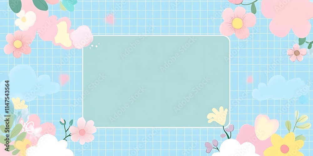 Pastel Flowers and Clouds on a Grid Background Pastel Flowers and Clouds on a Grid Background