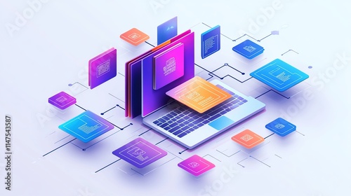 Isometric illustration of laptop, smartphone, and digital documents interconnected, representing data flow and digital technology.