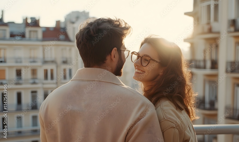 back angle view of beautiful couple staying and looking at something in front of them and smiling, Generative AI back angle view of beautiful couple staying and looking at something in front of them and smiling, Generative AI
