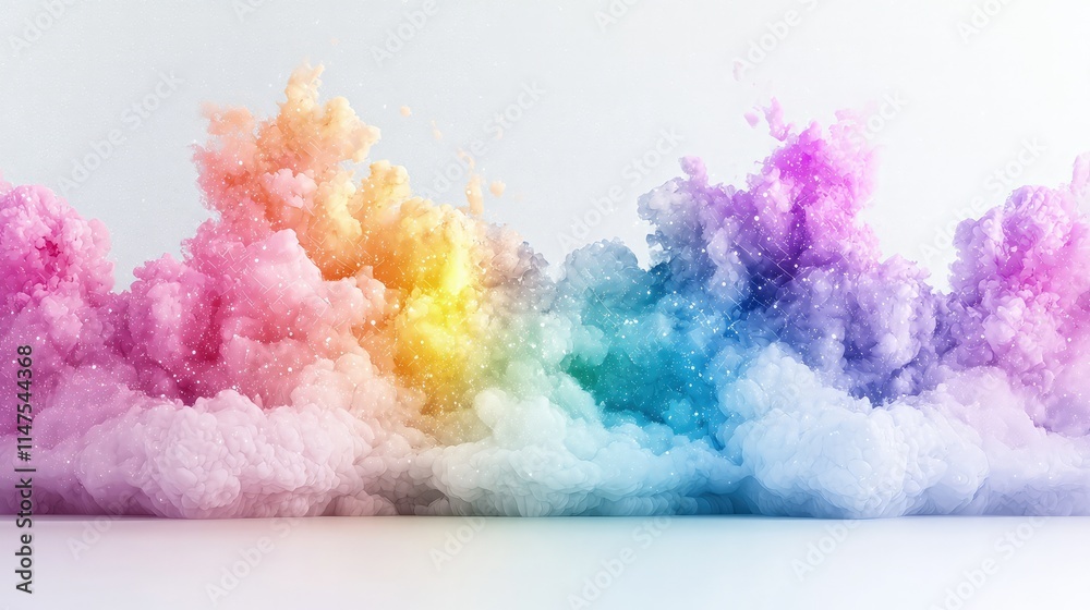 Fototapeta premium Colorful pastel smoke clouds in a rainbow gradient arranged horizontally on a white background.