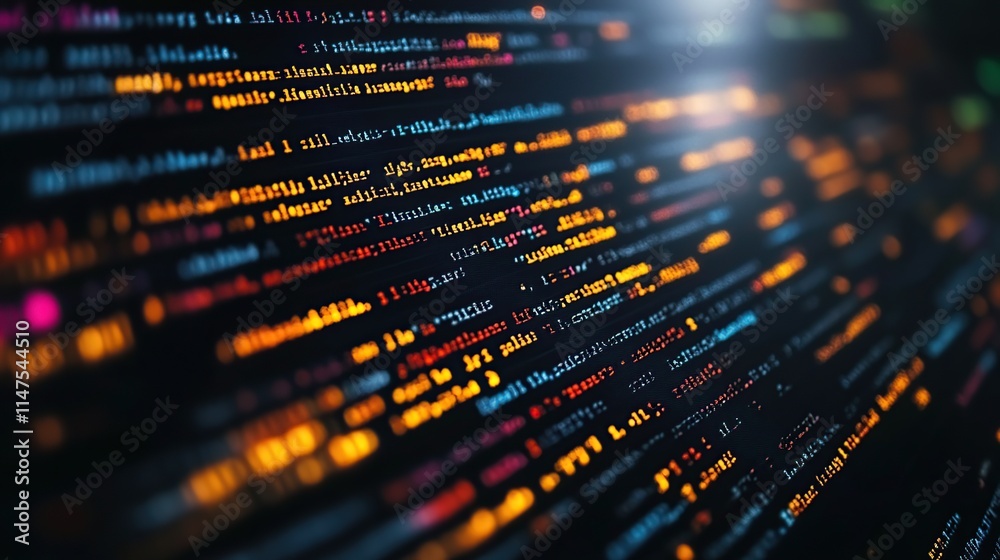 Close-up of colorful lines of computer code on a dark screen. Close-up of colorful lines of computer code on a dark screen.