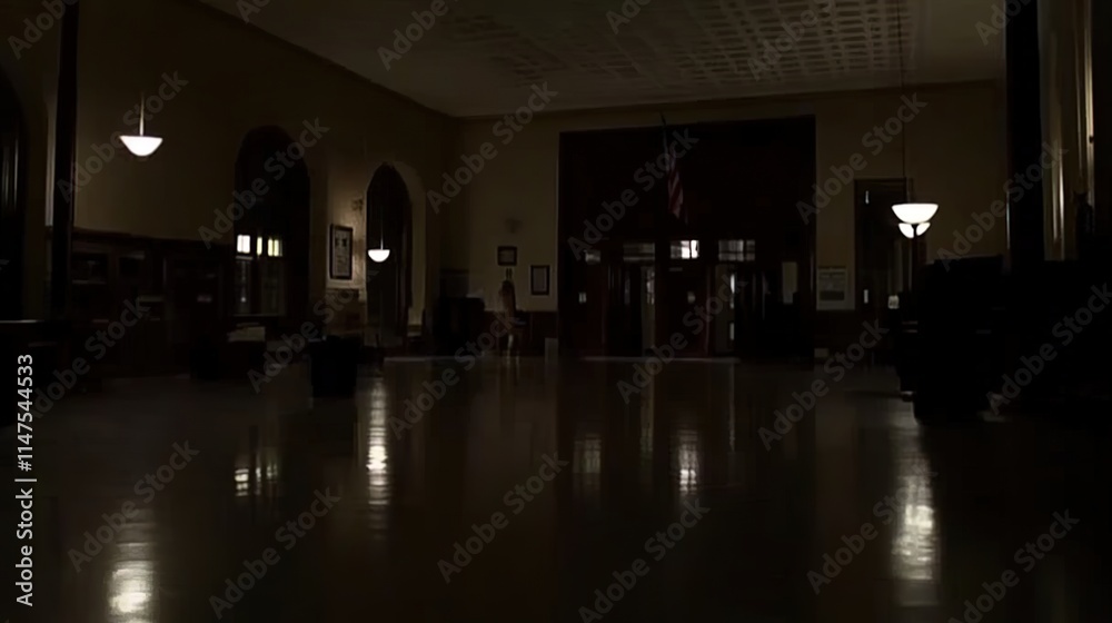 Fototapeta premium Dark room with faint emergency exit sign glow during power blackout, capturing sudden disruption and eerie stillness with scattered objects faintly visible in dim light.