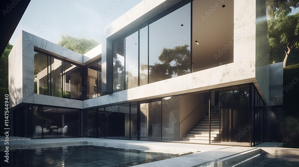 Modern luxury house with pool, large windows, and sleek design. Modern luxury house with pool, large windows, and sleek design.
