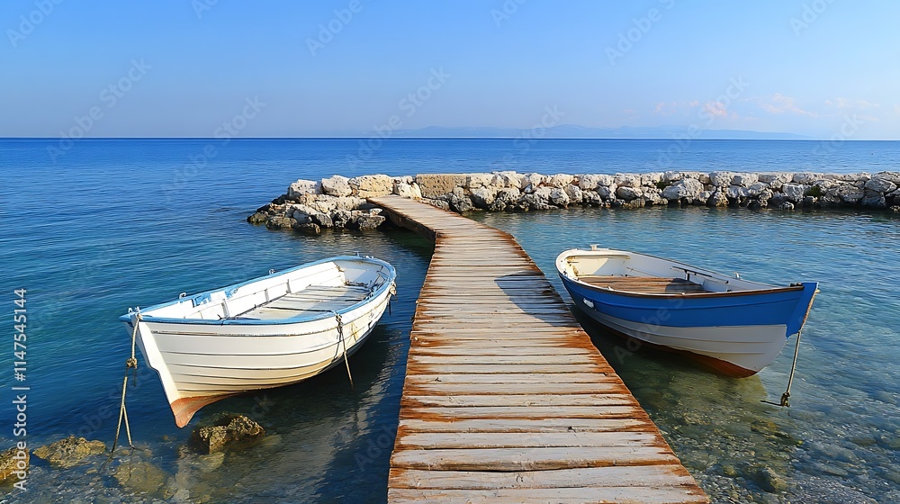 Two small boats moored at a wooden jetty on a calm sea under a clear blue sky. Two small boats moored at a wooden jetty on a calm sea under a clear blue sky.