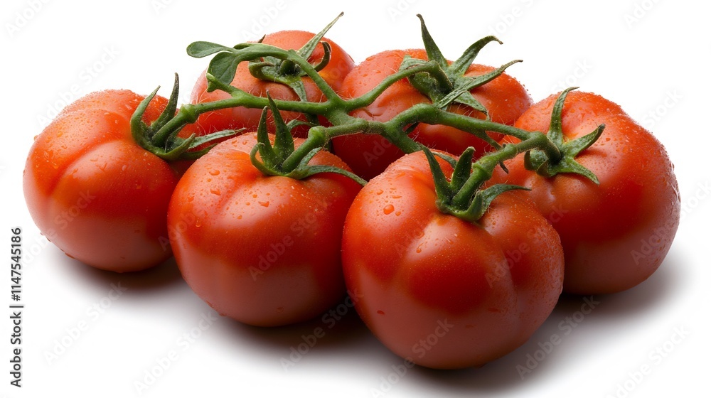 Fresh Red Tomatoes on the Vine: A Vibrant Display of Ripe, Juicy Tomatoes Still Attached to Their Green Vine, Isolated on a Clean White Background Fresh Red Tomatoes on the Vine: A Vibrant Display of Ripe, Juicy Tomatoes Still Attached to Their Green Vine, Isolated on a Clean White Background