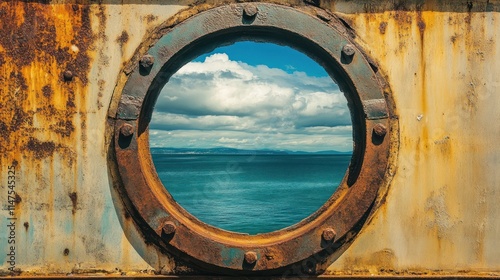 A rusty porthole on a ship reveals a breathtaking view of the ocean and sky.
