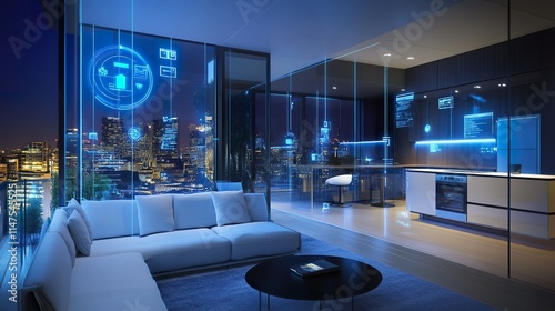 Smart home interior at night, showcasing futuristic technology and city view.
