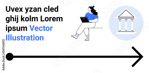 Woman in blue sitting with laptop, black arrow pointing right, circular building icon. Ideal for educational content, navigation guides, financial services, informational websites, academic