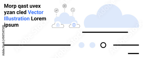 Large and small clouds with icons for data security, analysis, and statistics. Placeholder text in black and blue, horizontal lines, and dots. Ideal for technology, data management, IT services