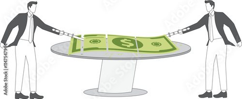 Divide the money, pay wages, salaries or shares of stock, profit sharing or business dividends, equidistant from a businessman with a knife cutting a wad of bills into countless smaller pieces