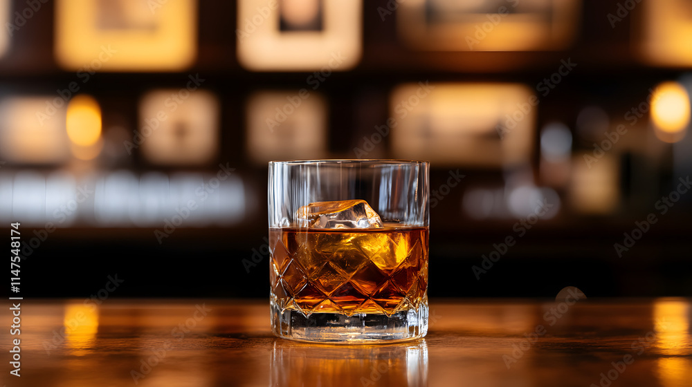 A glass of whiskey on the rocks sitting in front of an old-fashioned leather armchair, evoking a sense of relaxation and luxury, with the amber liquor shimmering in the glass, placed on a wooden table A glass of whiskey on the rocks sitting in front of an old-fashioned leather armchair, evoking a sense of relaxation and luxury, with the amber liquor shimmering in the glass, placed on a wooden table