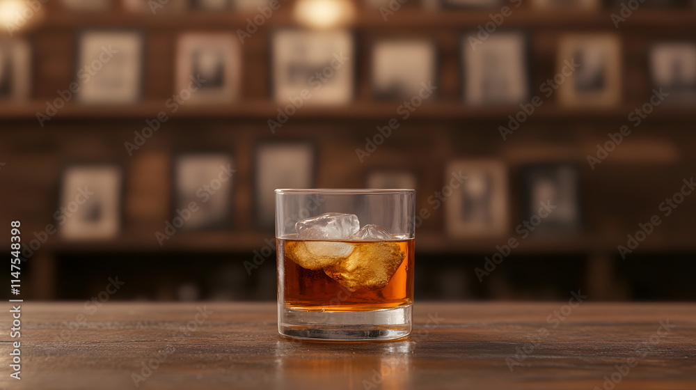 A glass of whiskey on the rocks sitting in front of an old-fashioned leather armchair, evoking a sense of relaxation and luxury, with the amber liquor shimmering in the glass, placed on a wooden table A glass of whiskey on the rocks sitting in front of an old-fashioned leather armchair, evoking a sense of relaxation and luxury, with the amber liquor shimmering in the glass, placed on a wooden table