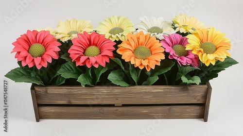 rustic wooden crate filled with vibrant flowers like daisies and sunflowers, arranged for a farmer's market theme, illustrating local agricultural produce. [Flowers]:[Economic plants]  photo