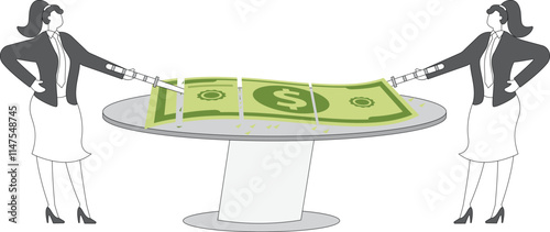 Divide the money, pay wages, salaries or shares of stock, profit sharing or business dividends, equidistant from a businesswoman with a knife cutting a wad of bills into countless smaller pieces