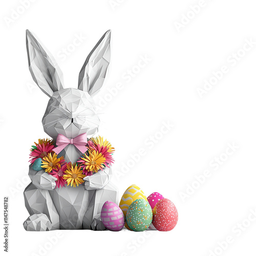 A geometric white rabbit adorned with a floral wreath and surrounded by colorful Easter eggs. photo