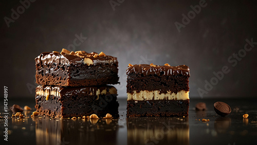 Close up image of brownie slice with chocolate and peanut topping ideal for food photography photo