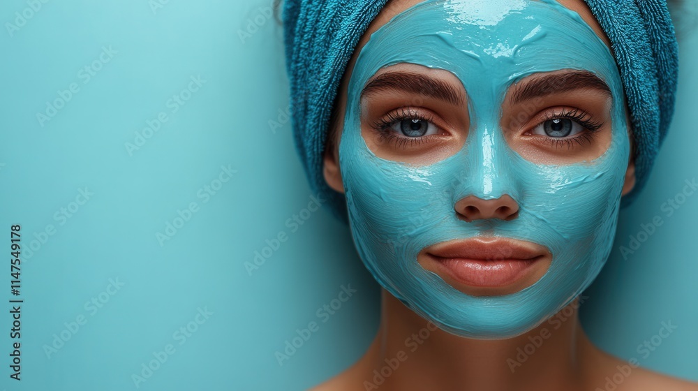 A woman with a blue facial mask, relaxing against a turquoise background. A woman with a blue facial mask, relaxing against a turquoise background.