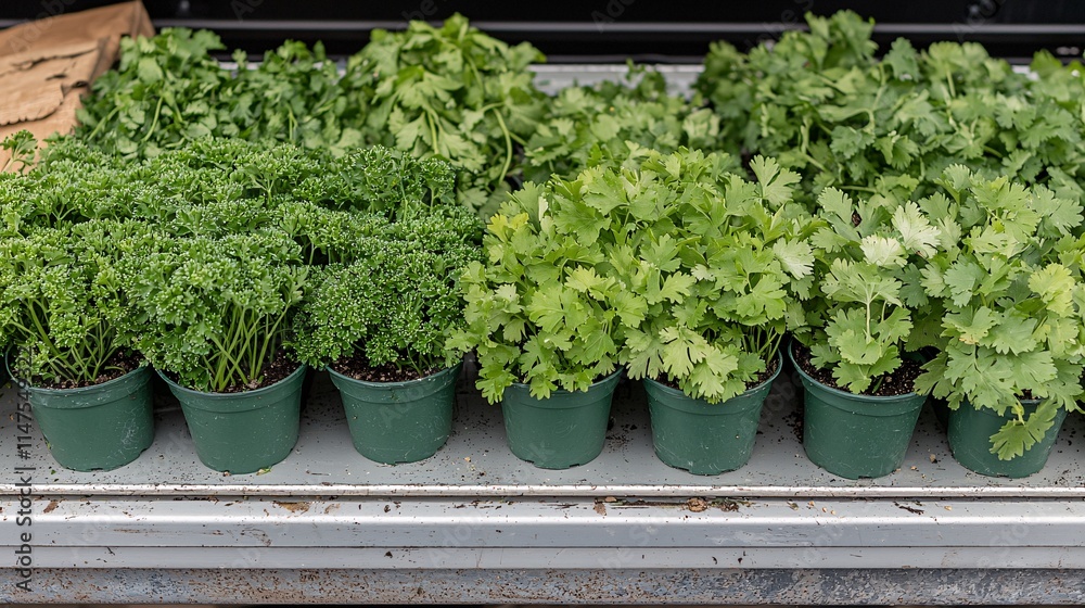 herbs like parsley and cilantro arranged neatly in small pots on a farmer’s market stall, representing the commercial use of economic plants in the culinary industry. [Flowers]:[Economic plants] 