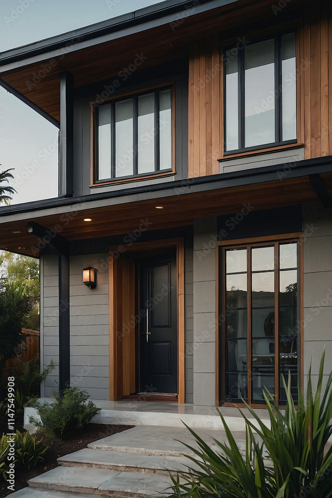 Modern house exterior with gray siding, wood accents, large windows, and a dark-colored front door. Landscaping includes shrubs and stone steps lead to the entrance. Modern house exterior with gray siding, wood accents, large windows, and a dark-colored front door. Landscaping includes shrubs and stone steps lead to the entrance.