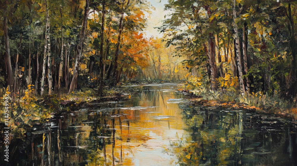 Autumn colors reflect on a serene river surrounded by trees in nature. Autumn colors reflect on a serene river surrounded by trees in nature.