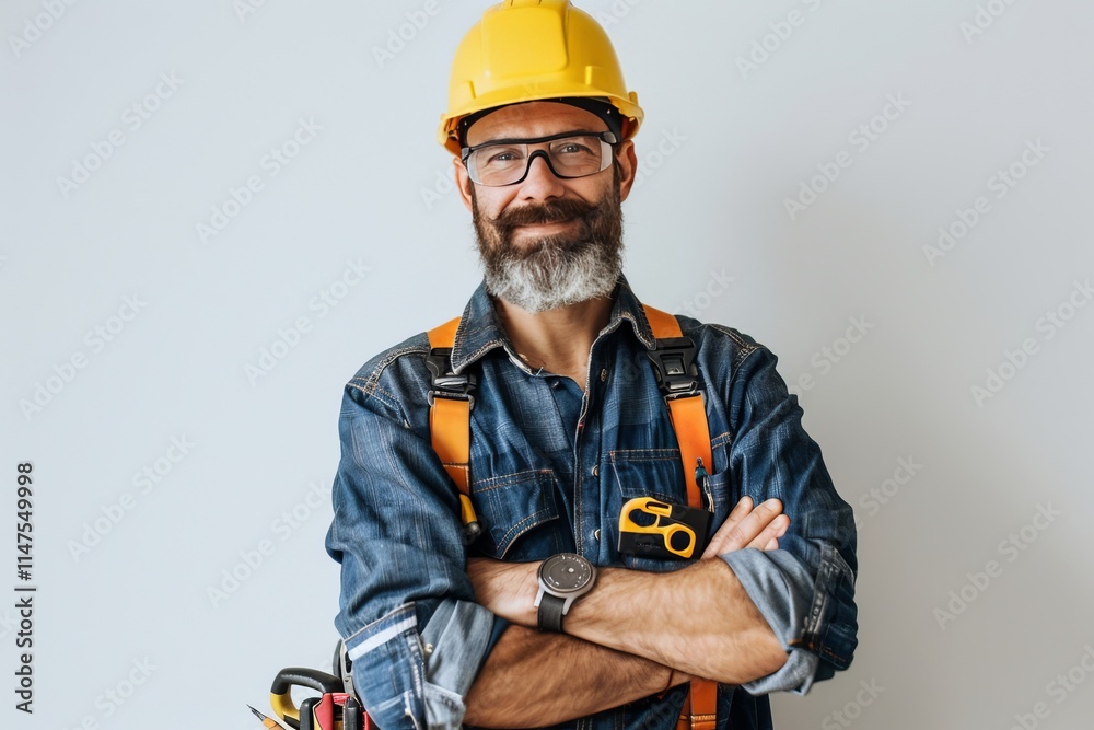 Portrait Of Confident Electrician With Arms Crossed Wearing Tool Belt And Yellow Hardhat