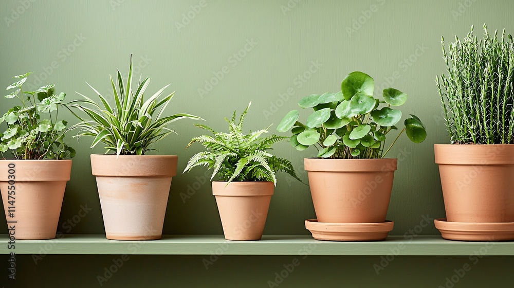 neatly arranged set of indoor potted plants like spider plants and ferns on a shelf, ideal for eco-friendly interior design and plant care content. [Flowers]:[Economic plants] 